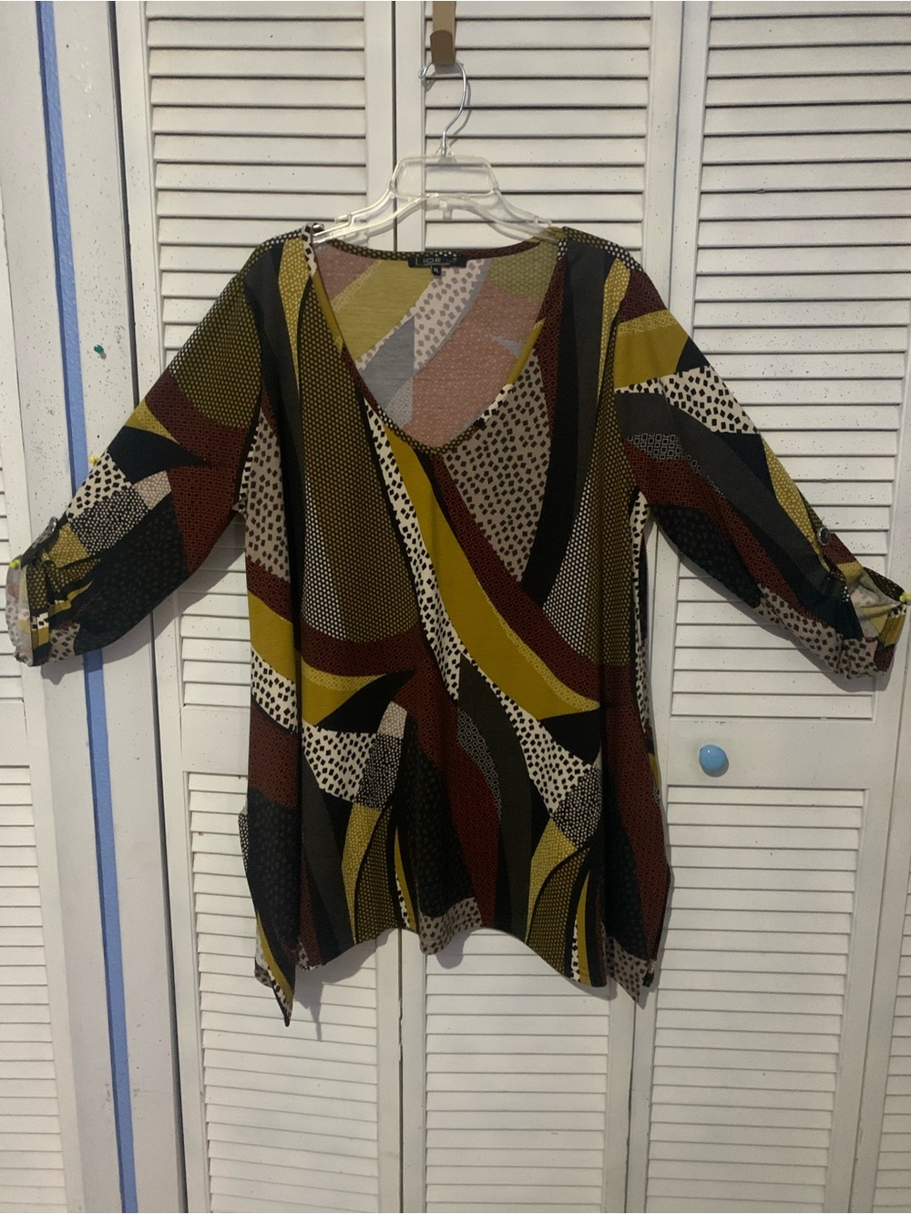 IOR Patchwork Style Knit Tunic Mixed Prints Deep V Neck